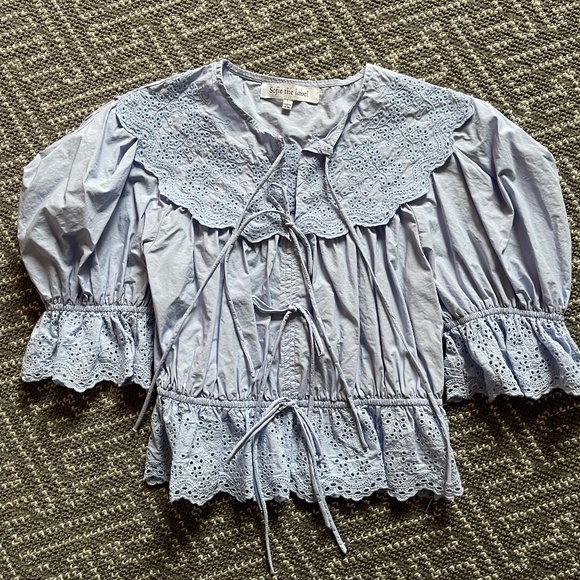 zoco blue puff sleeve tie top🩵 - Picture 3 of 4